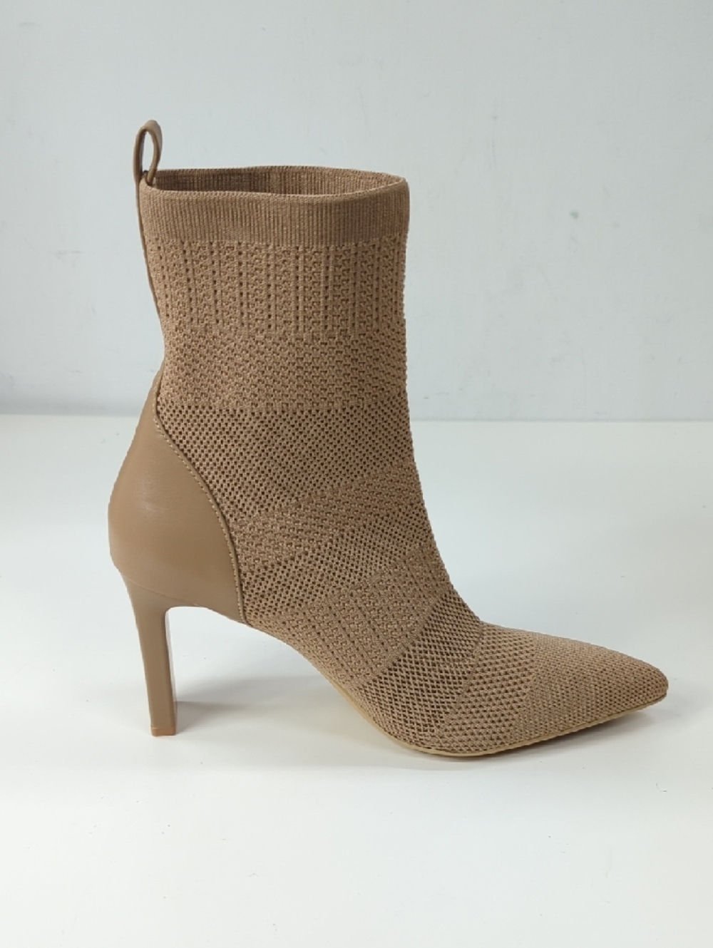 Women’s Tan Knit Sock Booties Heeled Ankle Boots